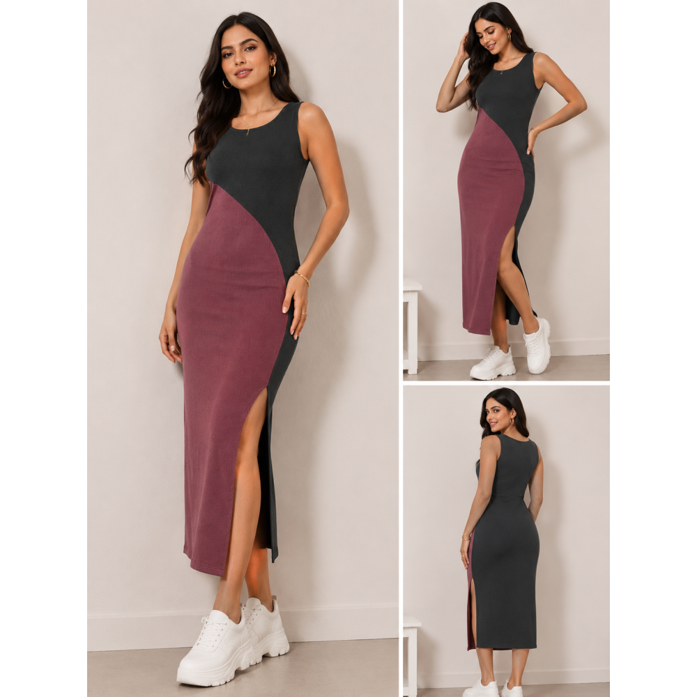 Women's Colorblock Sleeveless Maxi Dress with Side Slit