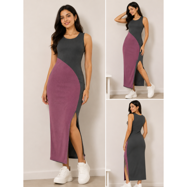 Women's Colorblock Sleeveless Maxi Dress with Side Slit