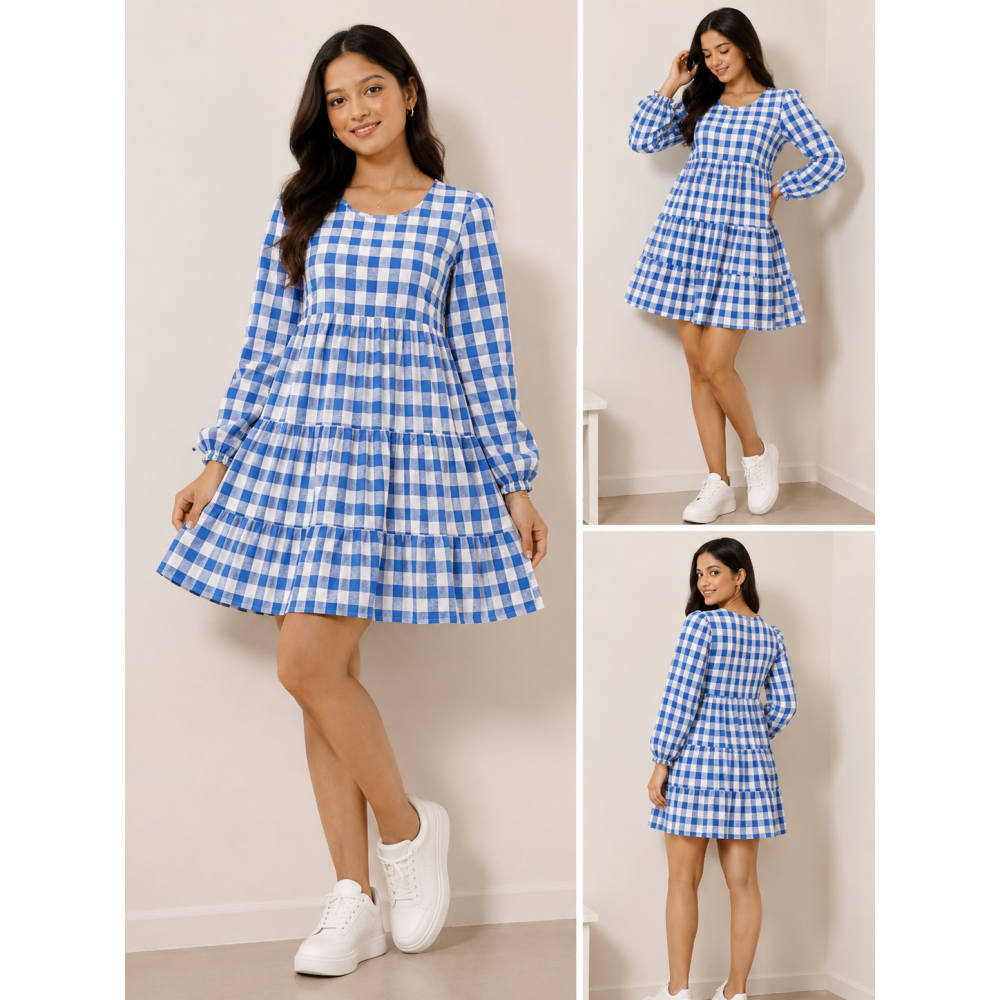 Women's Blue & White Checked Tiered Mini Dress