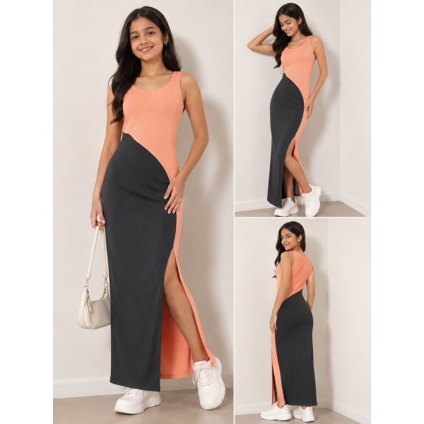 Women's Colorblock Sleeveless Maxi Dress with Side Slit