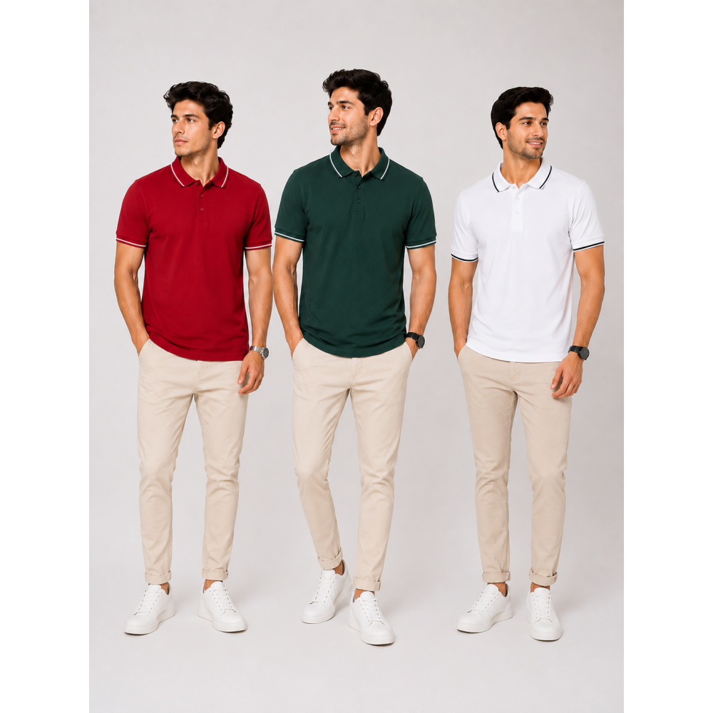 Biowash Organic Polo Combo Pack of 3 – Red, Bottle Green & White with Black Tipping