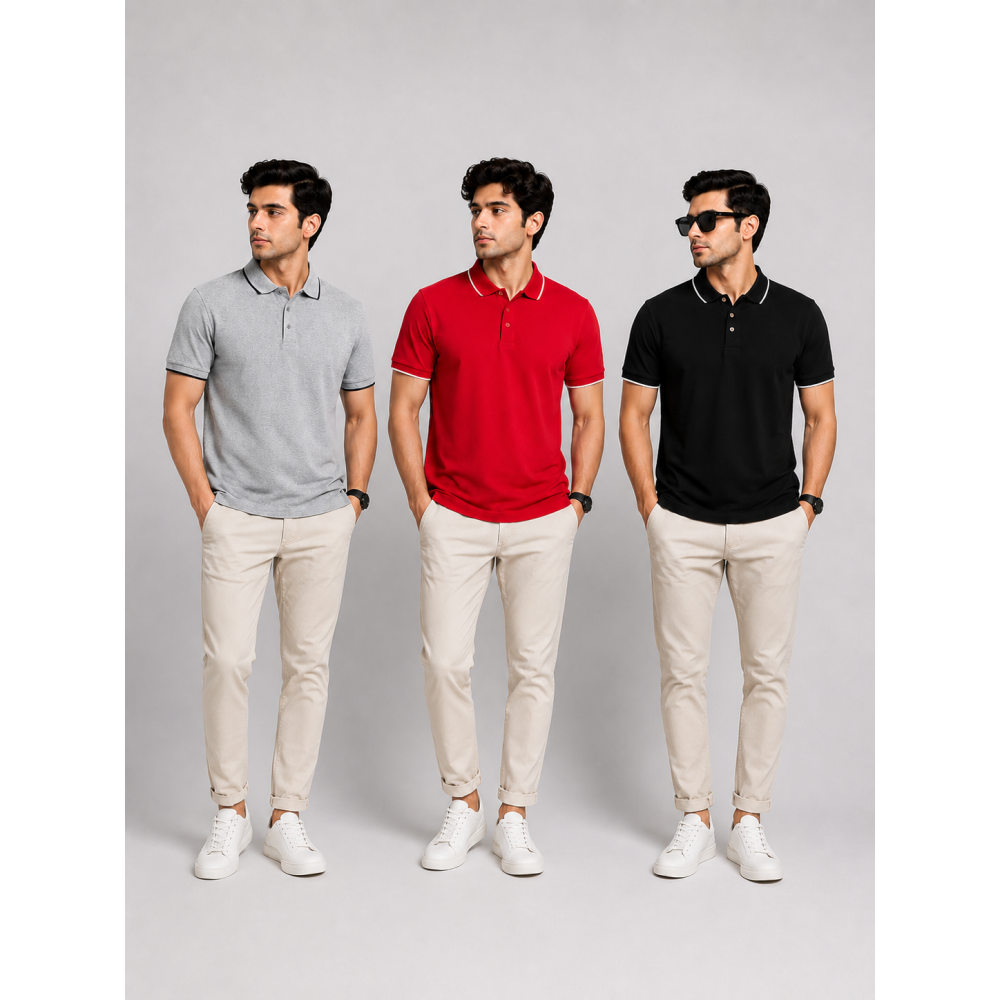 Ecoblend Polo Tees Combo Pack of 3 – Grey Melange, Red & Black