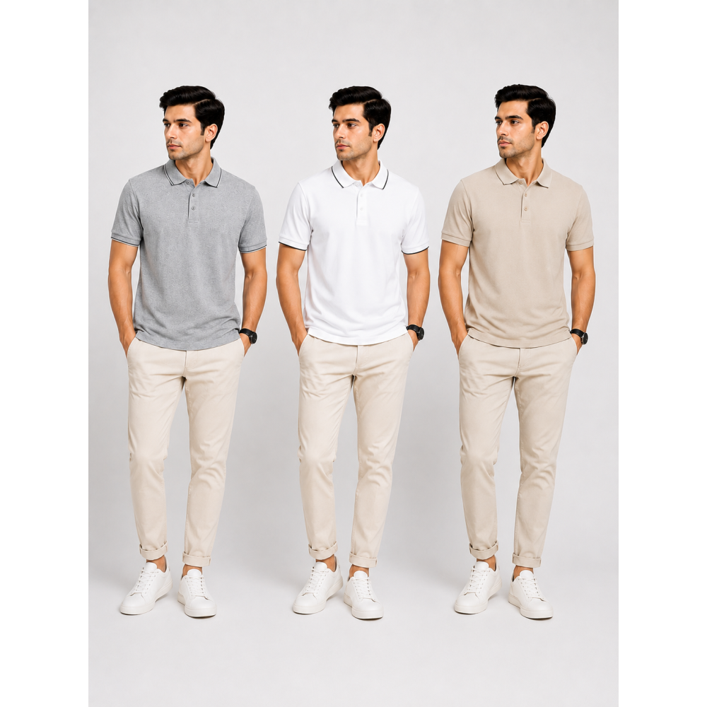 Ecoblend Polo Tees Combo Pack of 3 – Grey Melange, White & Beige