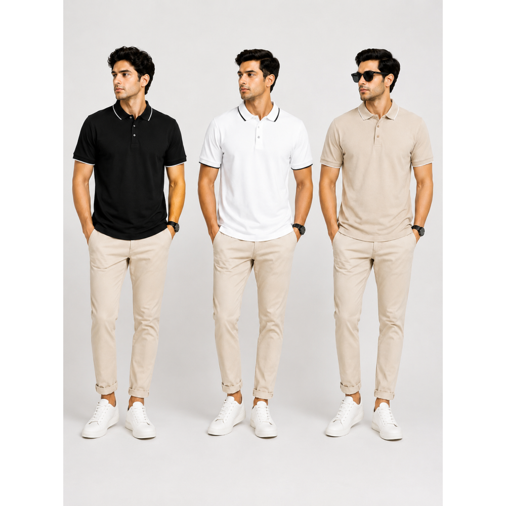 Ecoblend Polo Tees Combo Pack of 3 – Black, White & Beige