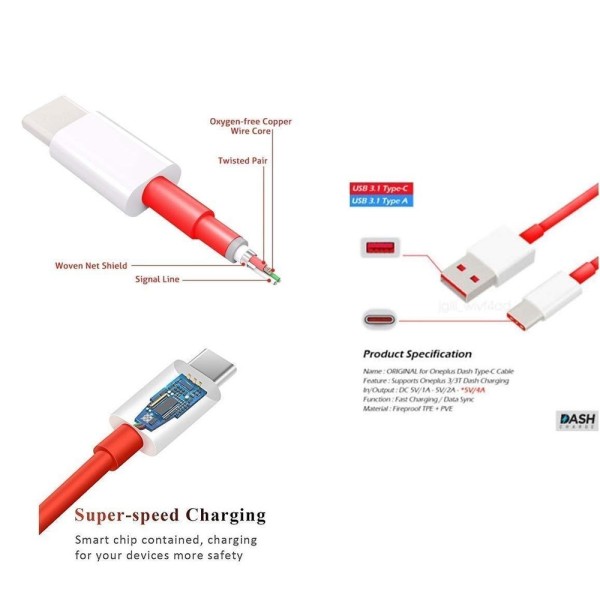 Dash Charging Cable, Type C 3ft 5v 4a Fast Charge Data Cable For All Oneplus  (Red And White)