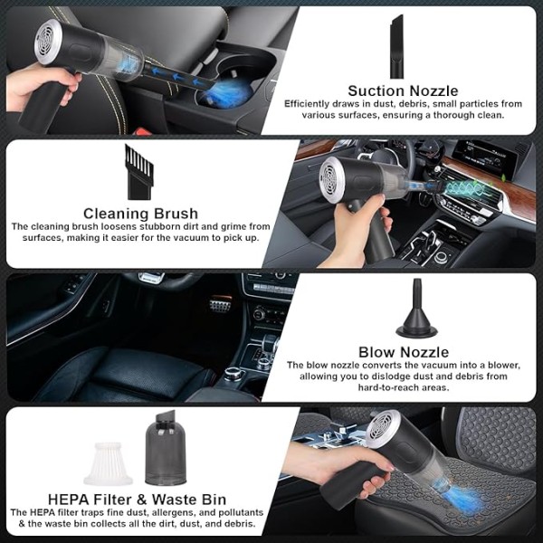 Handheld Cordless Car Vacuum Cleaner – High-Power Suction, Rechargeable & Portable | 3-in-1 Mini Vacuum for Car, Home, Office & Pet | Long Battery Life, Type-C Fast Charging