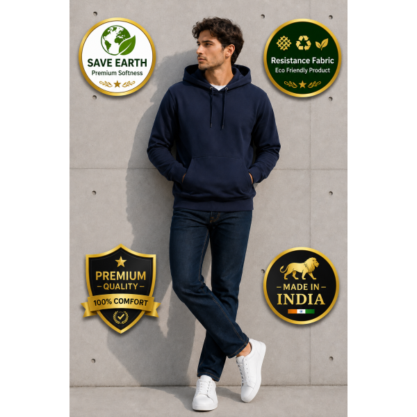 URBAN Hood Navy Blue Without Zip Through Hoodie