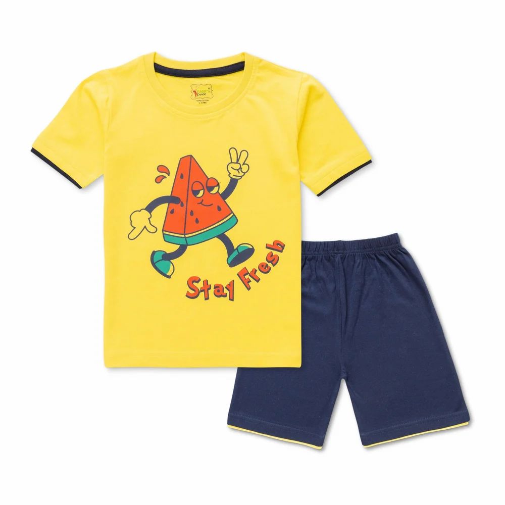 Round yellow,navy Boys Tshirt And Shorts, Half Sleeves, Printed