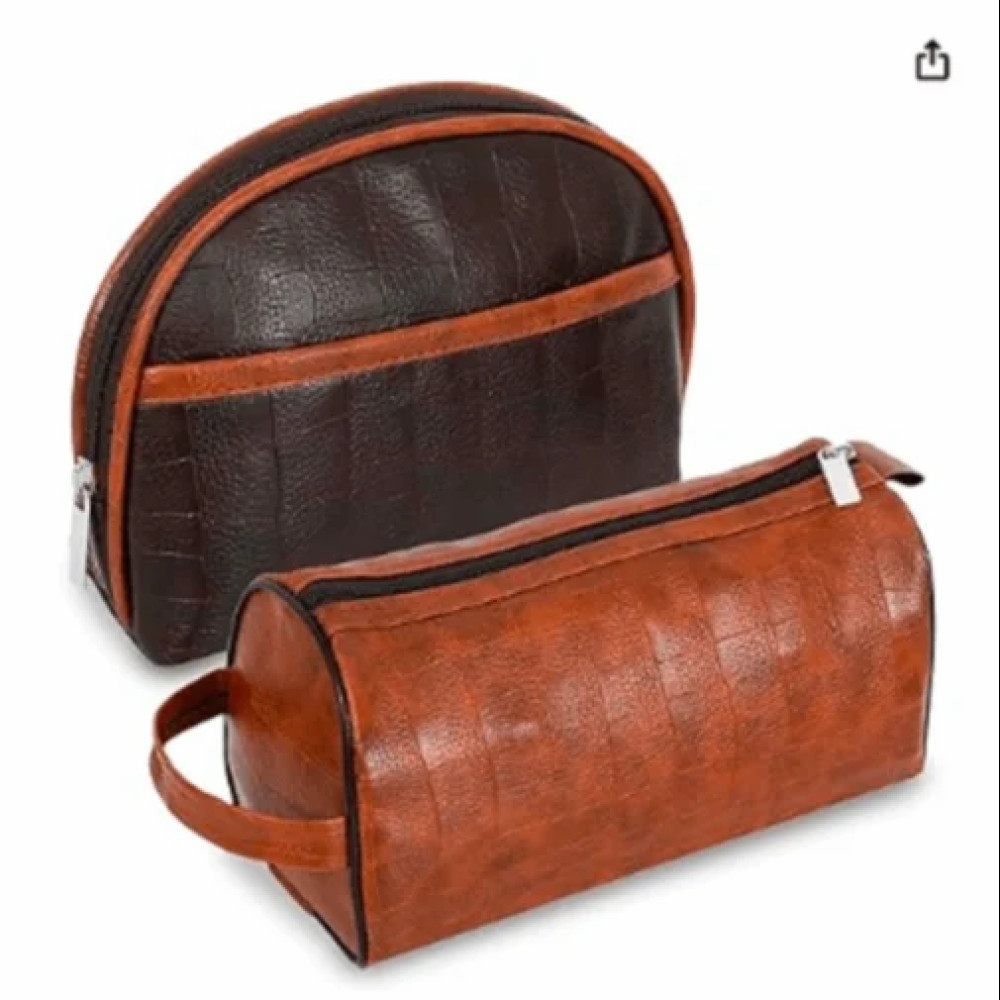 2 Set Toiletry Travel Bags Shaving Kit Makeup Cosmetic Pouch for Men's and Women's Brown 12 cms