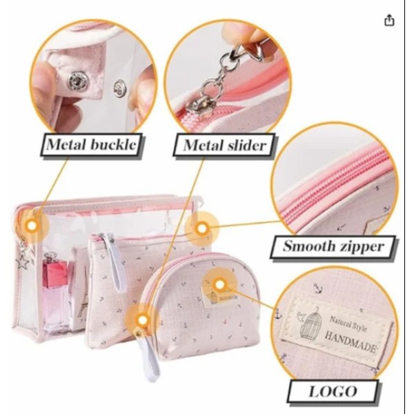 3 in1 Travel Toiletry Bag Makeup Bag Waterproof PVC Transparent Set with Carrying Pouch Zipper