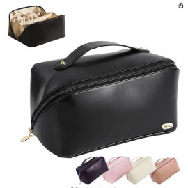 Large Capacity Cosmetic Travel Bag 12 cms, Makeup Kit Storage with Handle, Wide Opening (Black)