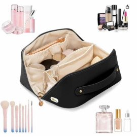 Large Capacity Cosmetic Travel Bag 12 cms, Makeup Kit Storage with Handle, Wide Opening (Black)