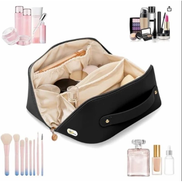 Large Capacity Cosmetic Travel Bag 12 cms, Makeup Kit Storage with Handle, Wide Opening (Black)