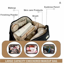 Large Capacity Cosmetic Travel Bag 12 cms, Makeup Kit Storage with Handle, Wide Opening (Black)