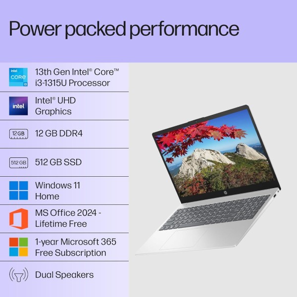 HP 15, 13th Gen Intel Core i3-1315U (12GB DDR4, 512GB SSD) FHD, Anti-Glare, Micro-Edge