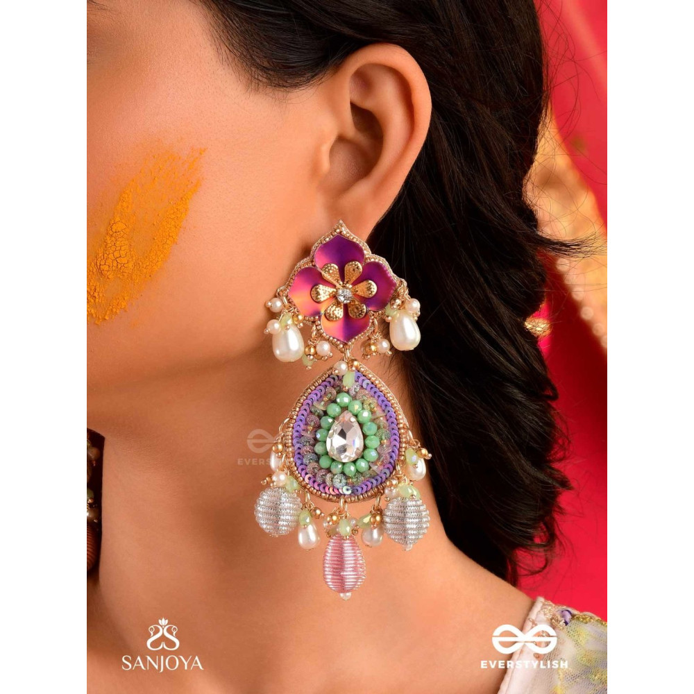 RANGOLIKA - A CANVAS OF COLORS - ENAMEL FLOWERS, BEADS AND PEARLS HAND EMBROIDERD EARRINGS