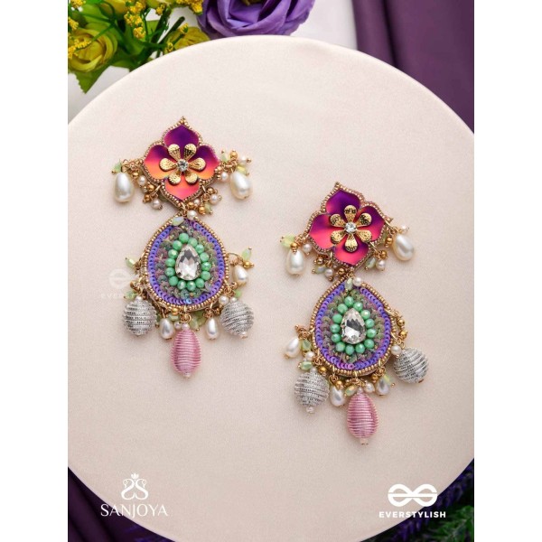 RANGOLIKA - A CANVAS OF COLORS - ENAMEL FLOWERS, BEADS AND PEARLS HAND EMBROIDERD EARRINGS