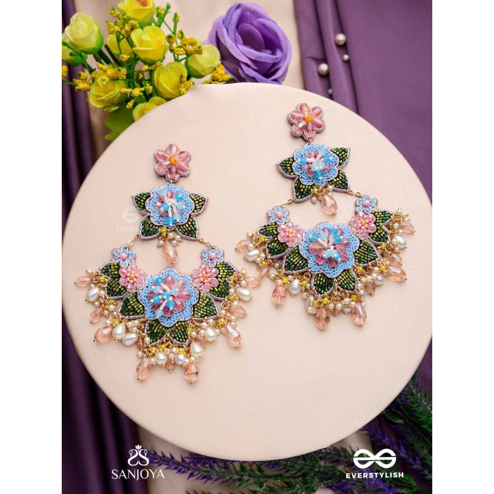 MADHUVRATA - SPRING BLOOM - DELICATE EMBROIDERED EARRINGS WITH FLORAL MOTIFS, BEADS AND PEARL DROPS