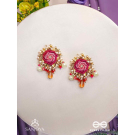 GULRATNA - JEWEL OF ROSES - HANDCRAFTED ROSE EARRINGS WITH BEADED FRINGES, PEARLS AND GEM DETAILS