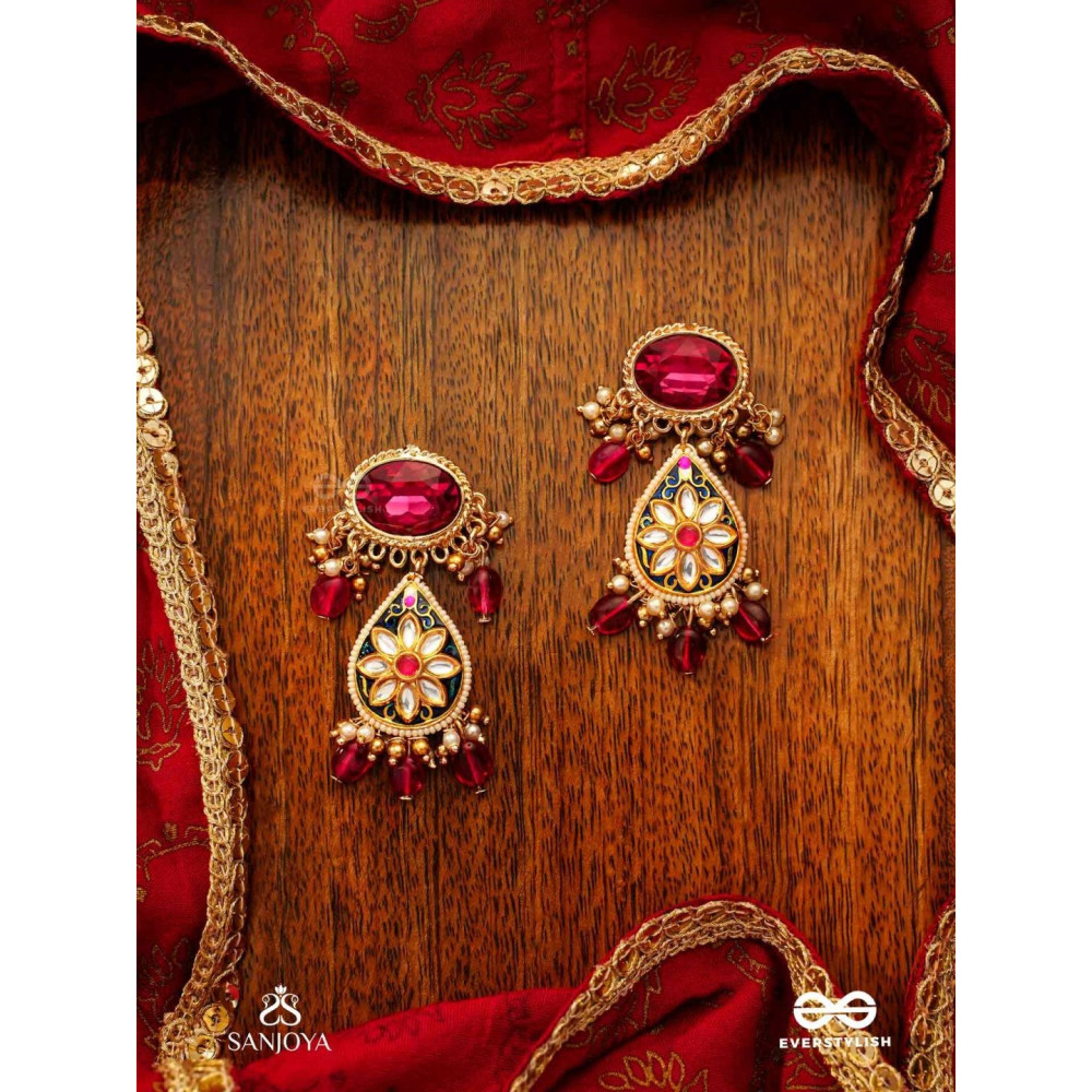 SINDURINI - VERMILION GRACE - STATEMENT KUNDAN POLKI EARRINGS WITH RED GEMSTONES AND ENAMEL ACCENTS