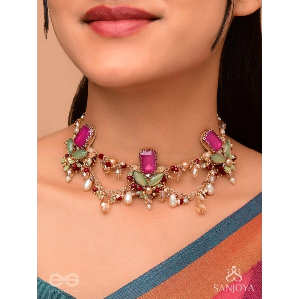 Asita - The Regal Orchid - Stones, Beads And Pearls Hand Embroidered Neckpiece