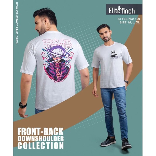 Printed Cotton Elite Finch Downshoulder Front and Back Print Round Neck T Shirts