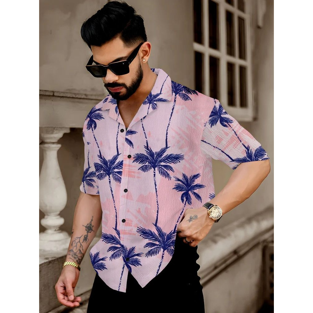 Poly Cotton Blue Lycra Goa Digital Printed Shirts, Half sleeves, Casual Wear