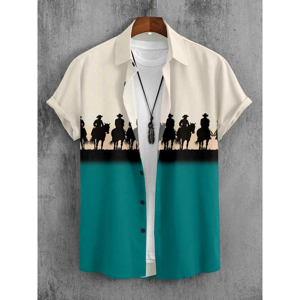 Block Print Green Digital Printed Casual Shirt For Men, Half Sleeves