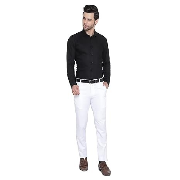 White Solid Men Plain Poly Viscose Formal Trouser, Regular Fit