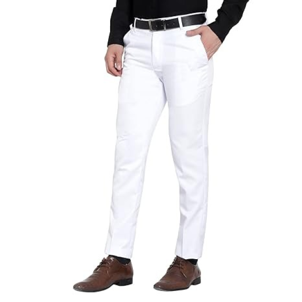 White Solid Men Plain Poly Viscose Formal Trouser, Regular Fit