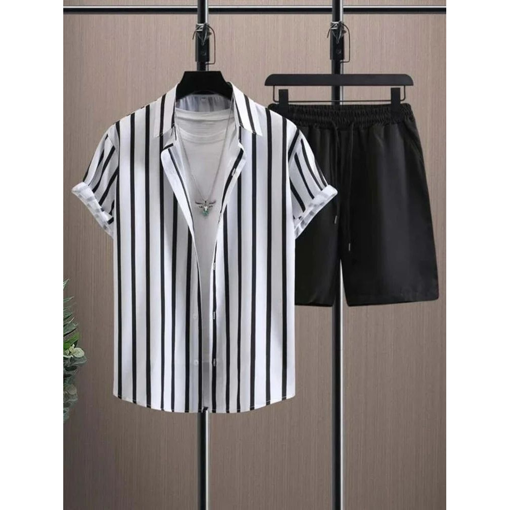 Men Striped Lycra Nightsuit Set, Half sleeves