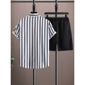 Men Striped Lycra Nightsuit Set, Half sleeves