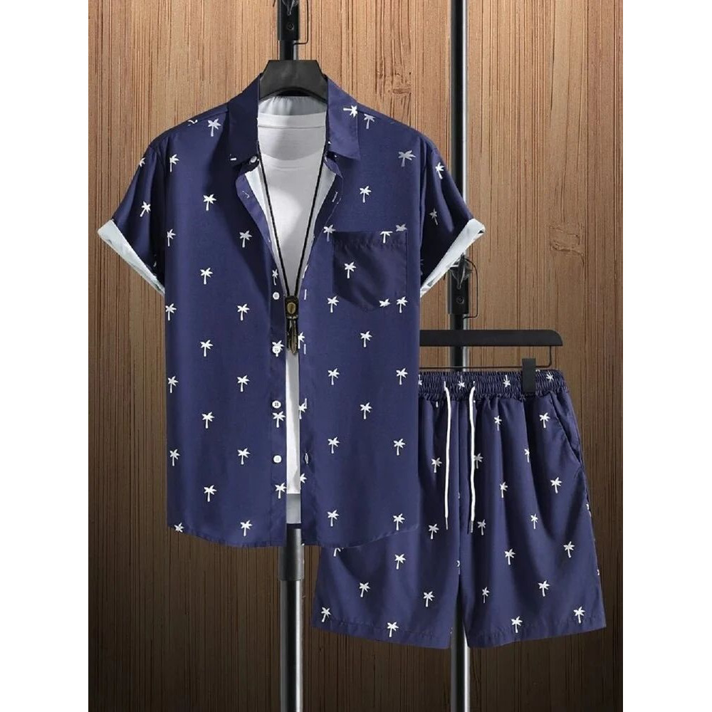 Nevy Blue Printed Mens Cotton Night Suits