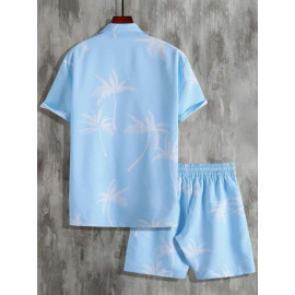 Sky Blue Cotton Fabric Digital Printed Night Suit Shirt With Shorts