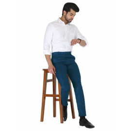 Solid Men Blue Poly Viscose Formal Trouser, Regular Fit
