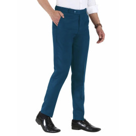 Solid Men Blue Poly Viscose Formal Trouser, Regular Fit