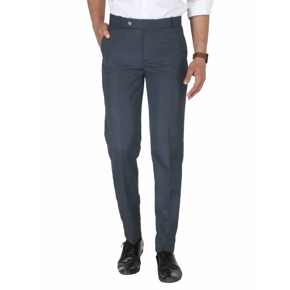 Solid Men Dark Grey Poly Viscose Formal Trouser, Regular Fit