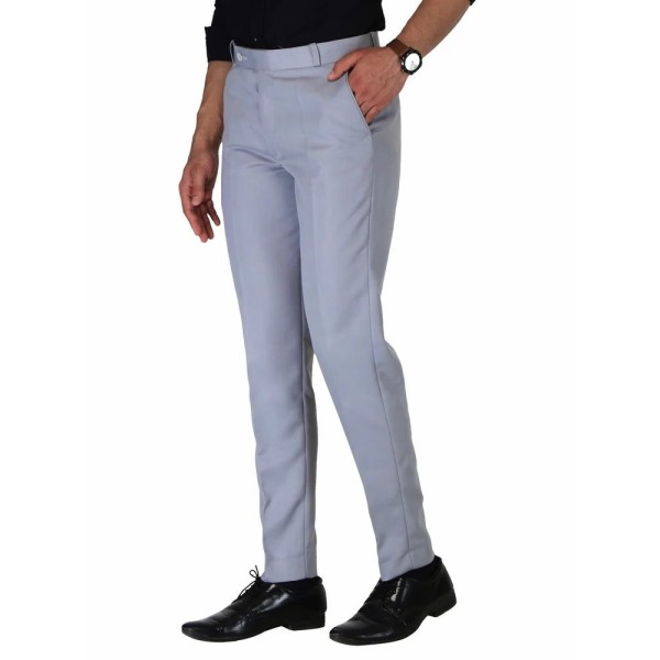 Solid Men Light Grey Poly Viscose Formal Trouser, Regular Fit