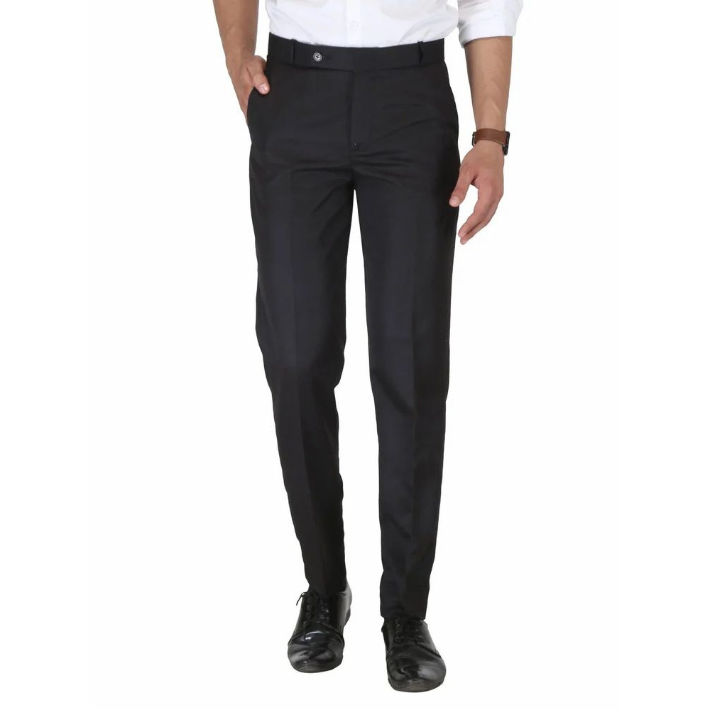 Solid Men Black Poly Viscose Regular Fit Formal Trouser