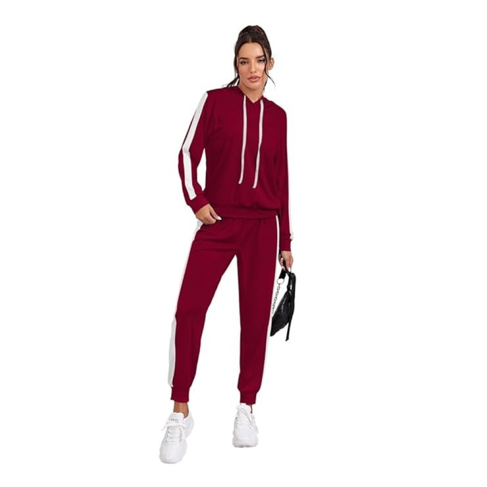 Women's Knitting Stretchable Solid Hooded Neck Full Sleeve maroon Track Suit 