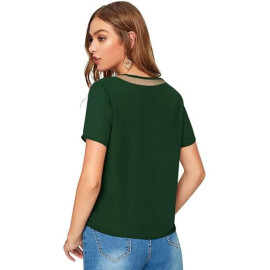 Women Western Insert V-Neck Green T-Shirt, Short Sleeve Tops for Woman