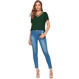 Women Western Insert V-Neck Green T-Shirt, Short Sleeve Tops for Woman