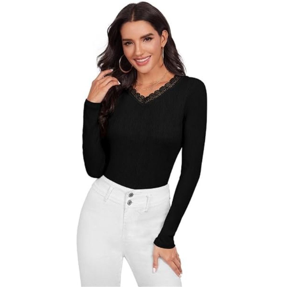 Women's Ribbed Block Long Sleeve Top, V-Neck with Lace Trim top for Women Stylish Western