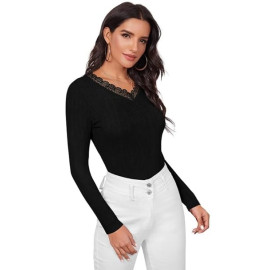 Women's Ribbed Block Long Sleeve Top, V-Neck with Lace Trim top for Women Stylish Western