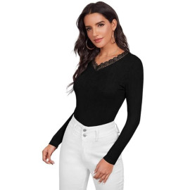 Women's Ribbed Block Long Sleeve Top, V-Neck with Lace Trim top for Women Stylish Western