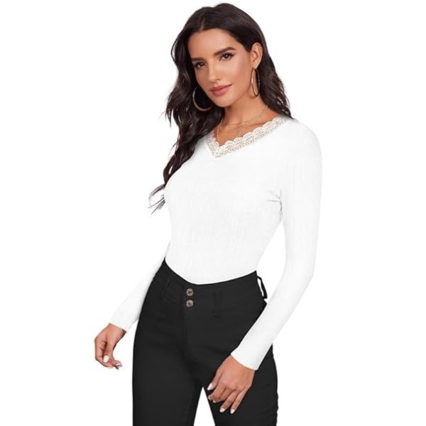 Women's Ribbed White Long Sleeve Top, V-Neck with Lace Trim top for Women Stylish Western