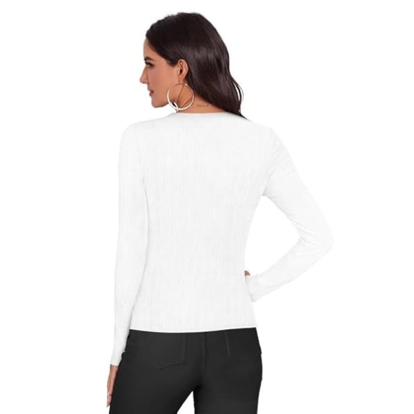 Women's Ribbed White Long Sleeve Top, V-Neck with Lace Trim top for Women Stylish Western