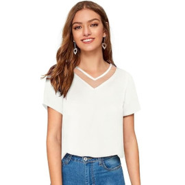 Women Western Insert V-Neck White T-Shirt, Short Sleeve Tops for Woman