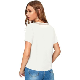 Women Western Insert V-Neck White T-Shirt, Short Sleeve Tops for Woman