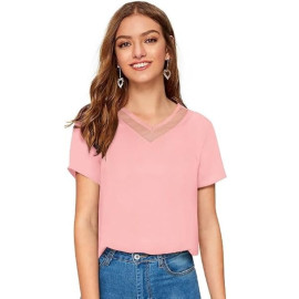 Women Western Insert V-Neck Pink T-Shirt, Short Sleeve Tops for Woman
